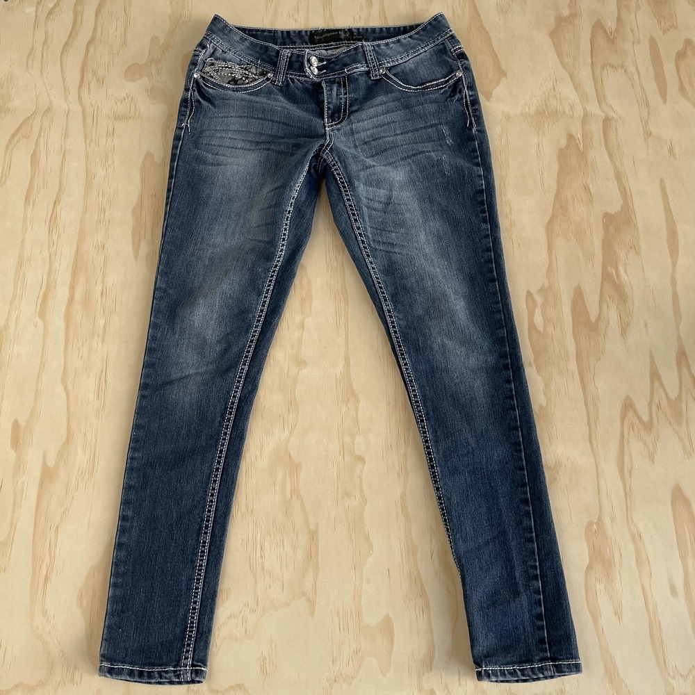 Y2K Twentyone Black Skinny Jeans Womens 9/10R Blue Low Rise Stretch 29x30.5 Lace